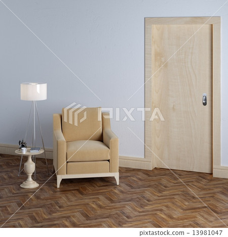 Textile beige armchair and wooden door in classic interior 13981047