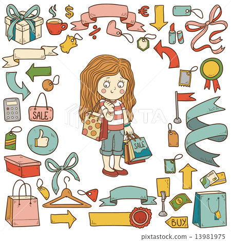 Vector set of shopping items, girl with shopping bags 13981975