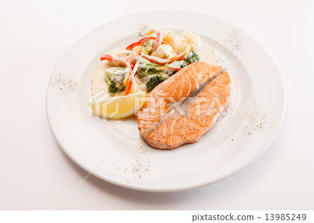 salmon steak with vegetables salmon steak with vegetables 13985249