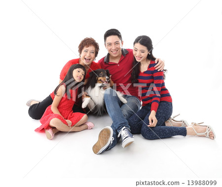 Three generation Family and pet dog Three generation Family and pet dog 13988099