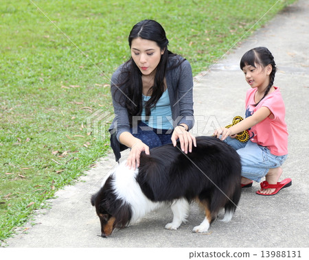 Mother daughter and pet dog at park  13988131