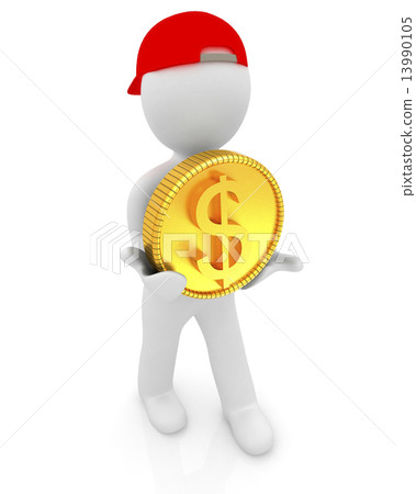 3d small man with gold dollar coin 3d small man with gold dollar coin 13990105