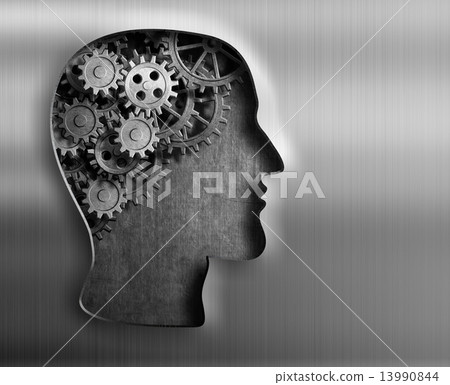 Brain model from gears and cogs in metal plate. Brain model from gears and cogs in metal plate. 13990844