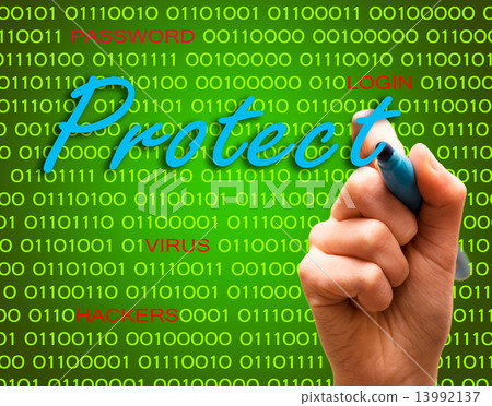 Protect password login virus hackers hand binary text Protect password login virus hackers hand binary text 13992137