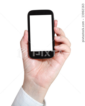 businessman holds smartphone with cut out screen 13992163