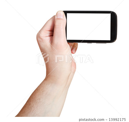 male hand holding smartphone with cut out screen 13992175