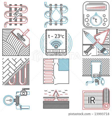 Flat line colored vector icons for heated floor 13993718
