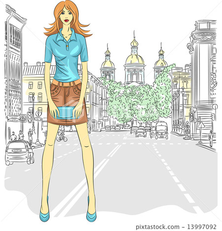Vector beautiful fashion girl top model on the street in St. Pet Vector beautiful fashion girl top model on the street in St. Pet 13997092