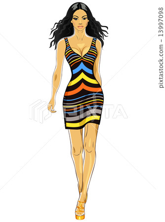 vector beautiful Asian girl in a striped dress vector beautiful Asian girl in a striped dress 13997098