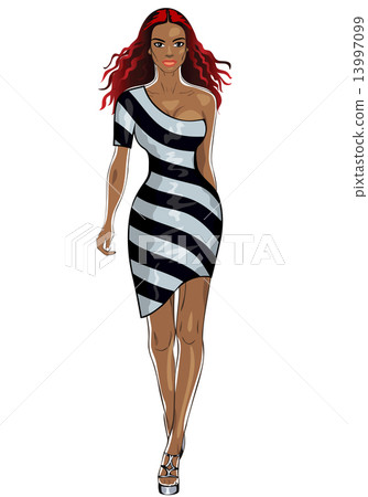 vector beautiful black girl in a striped dress vector beautiful black girl in a striped dress 13997099