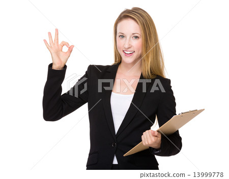 Businesswoman with file and ok sign Businesswoman with file and ok sign 13999778