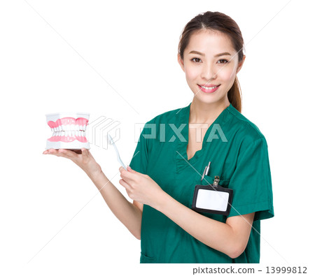 Dentist hold with denture and toothbrush 13999812