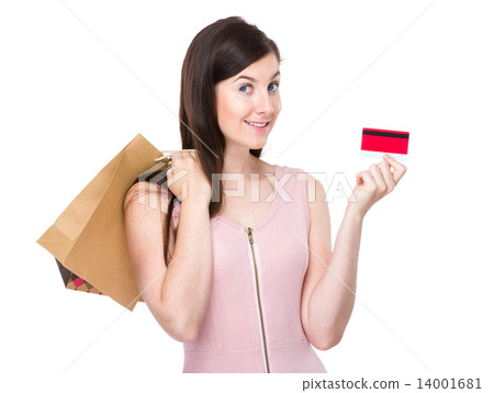 Brunette Woman with shopping bag and credit card 14001681