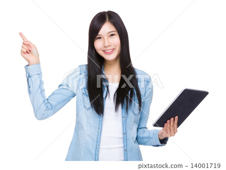 Woman use of tablet and finger up Woman use of tablet and finger up 14001719