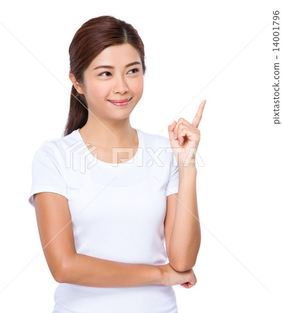 Woman look at the finger point to 14001796