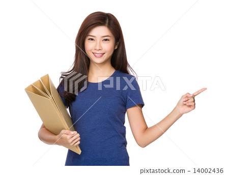 Woman hold with folder and finger point up Woman hold with folder and finger point up 14002436