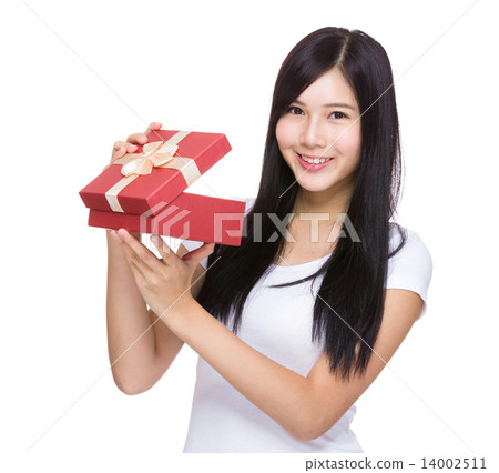 Woman open with red gift box Woman open with red gift box 14002511