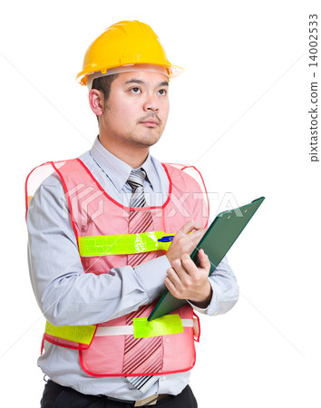 Asian engineer write on clipboard Asian engineer write on clipboard 14002533