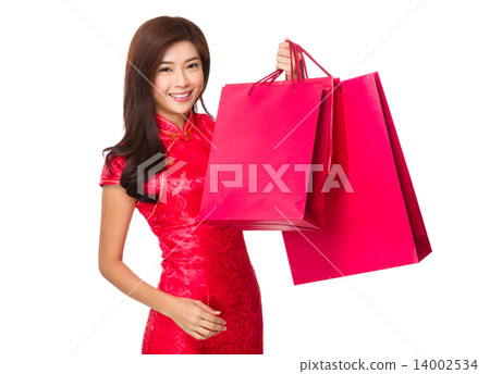 Chinese woman hold with red shopping bag Chinese woman hold with red shopping bag 14002534