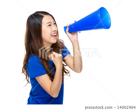 Happy woman yell with megaphone Happy woman yell with megaphone 14002904