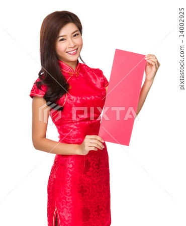 Woman hold with red poster for calligraphy Woman hold with red poster for calligraphy 14002925