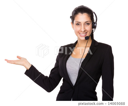 Customer service operator with open hand palm Customer service operator with open hand palm 14003088