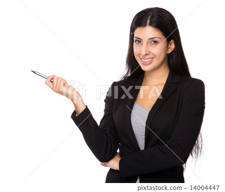Businesswoman with pen point up Businesswoman with pen point up 14004447