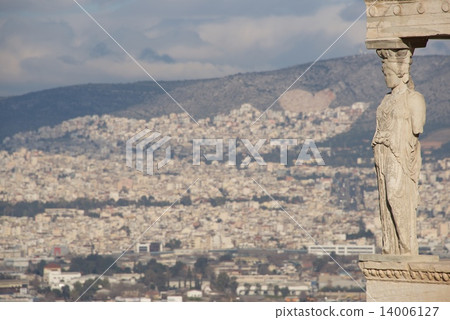 Hills of Athens seen behind Erechtheion caryatid Hills of Athens seen behind Erechtheion caryatid 14006127