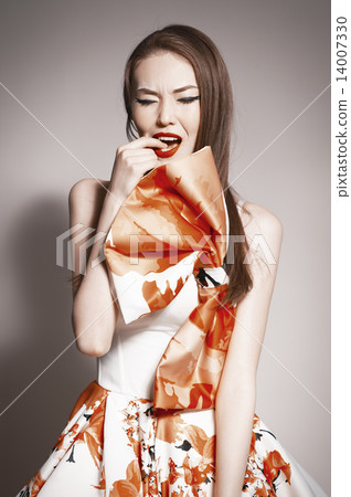 shocked young beautiful asian brunette in gorgeous dress. funny shocked young beautiful asian brunette in gorgeous dress. funny 14007330
