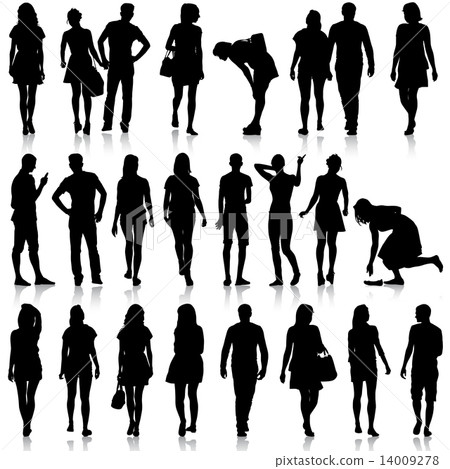 Black silhouettes of beautiful mans and womans on white backgrou 14009278