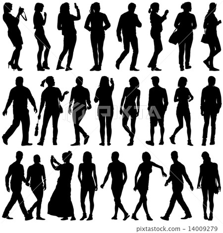 Black silhouettes of beautiful mans and womans on white backgrou 14009279