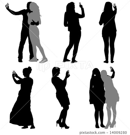 Silhouettes  man and woman taking selfie with smartphone on whit 14009280