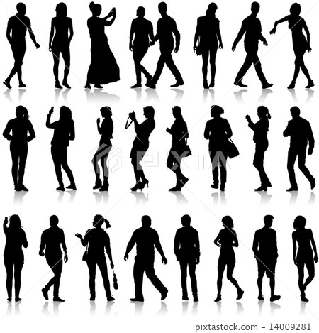 Black silhouettes of beautiful mans and womans on white backgrou 14009281