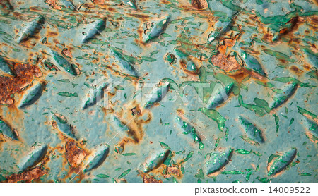 Rusted green steel diamond plate, background texture 14009522