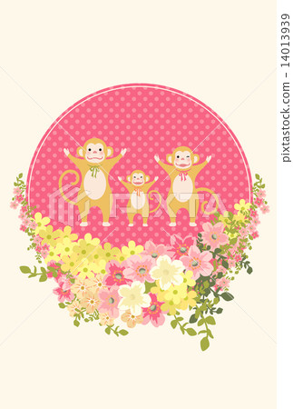 Parents and children of monkeys and flowers in full bloom 14013939