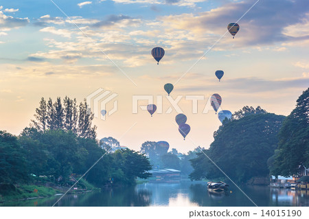 Balloon floating to sky with foreground ping river in the mornin 14015190
