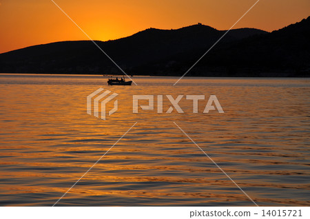 Sea sunset with boat silhouette 14015721