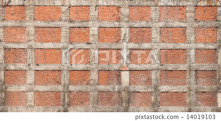 Texture of old house wall made of red bricks and concrete Texture of old house wall made of red bricks and concrete 14019103