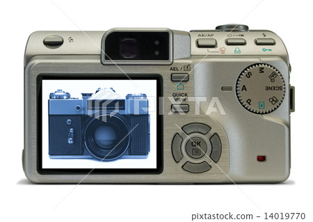 Old film camera on display of modern digital camera 14019770
