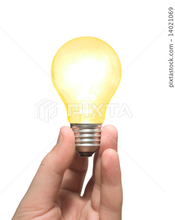 Yellow light bulb in hand Yellow light bulb in hand 14021069