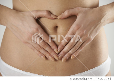 Close-Up Of Woman Making Heart Shape With Hands On Stomach 14022231
