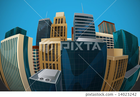 illustration of fisheye lens cityscape view. city 14023242