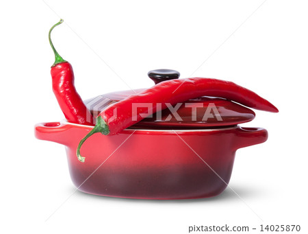 Two red chili peppers in saucepan with lid 14025870