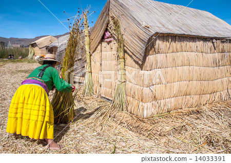 Unrecognizable woman in national costume Indian Uros knits a she 14033391