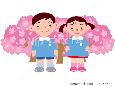 盛開的櫻花和幼兒園 14035678
