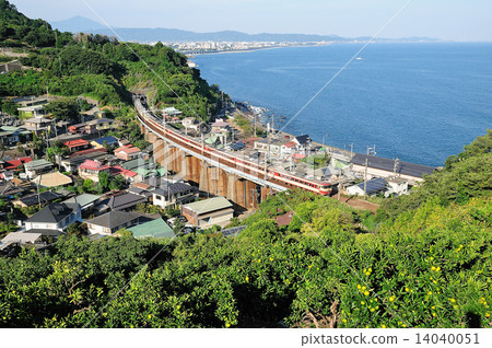 Limited Express dancer of the Tokaido line crossing the iron bridge overlooking Sagami Bay 14040051