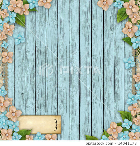 Blue wooden background with  flowers, pearls and lace 14041178
