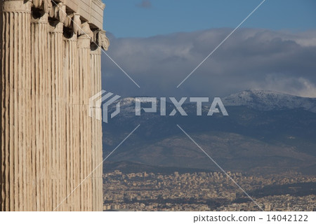 Athens and hills seen beyond Erechtheion colonnade Athens and hills seen beyond Erechtheion colonnade 14042122