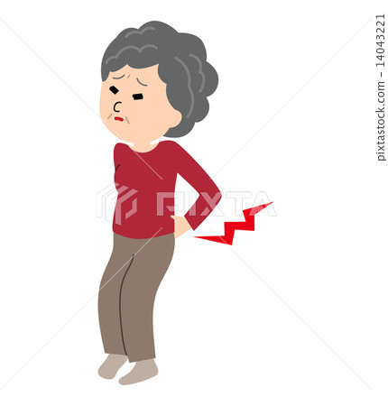 An elderly woman suffering from low back pain An elderly woman suffering from low back pain 14043221