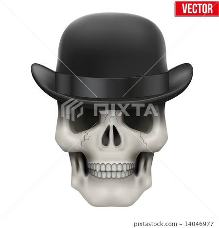 Human skull with black bowler hat 14046977